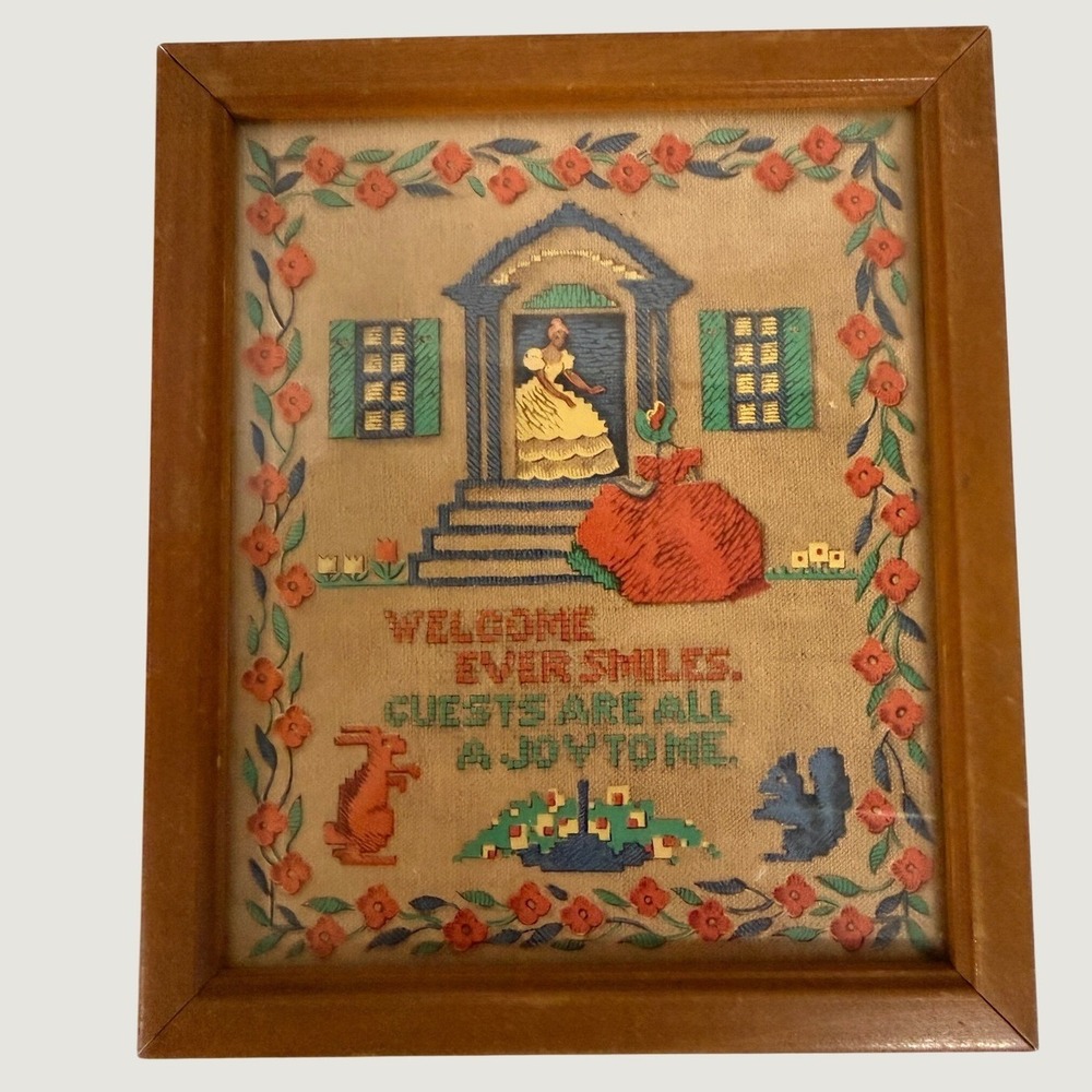 Vintage Buzza Sampler Motto Framed Wall Art Welcome Ever Smiles Colonial Scene
